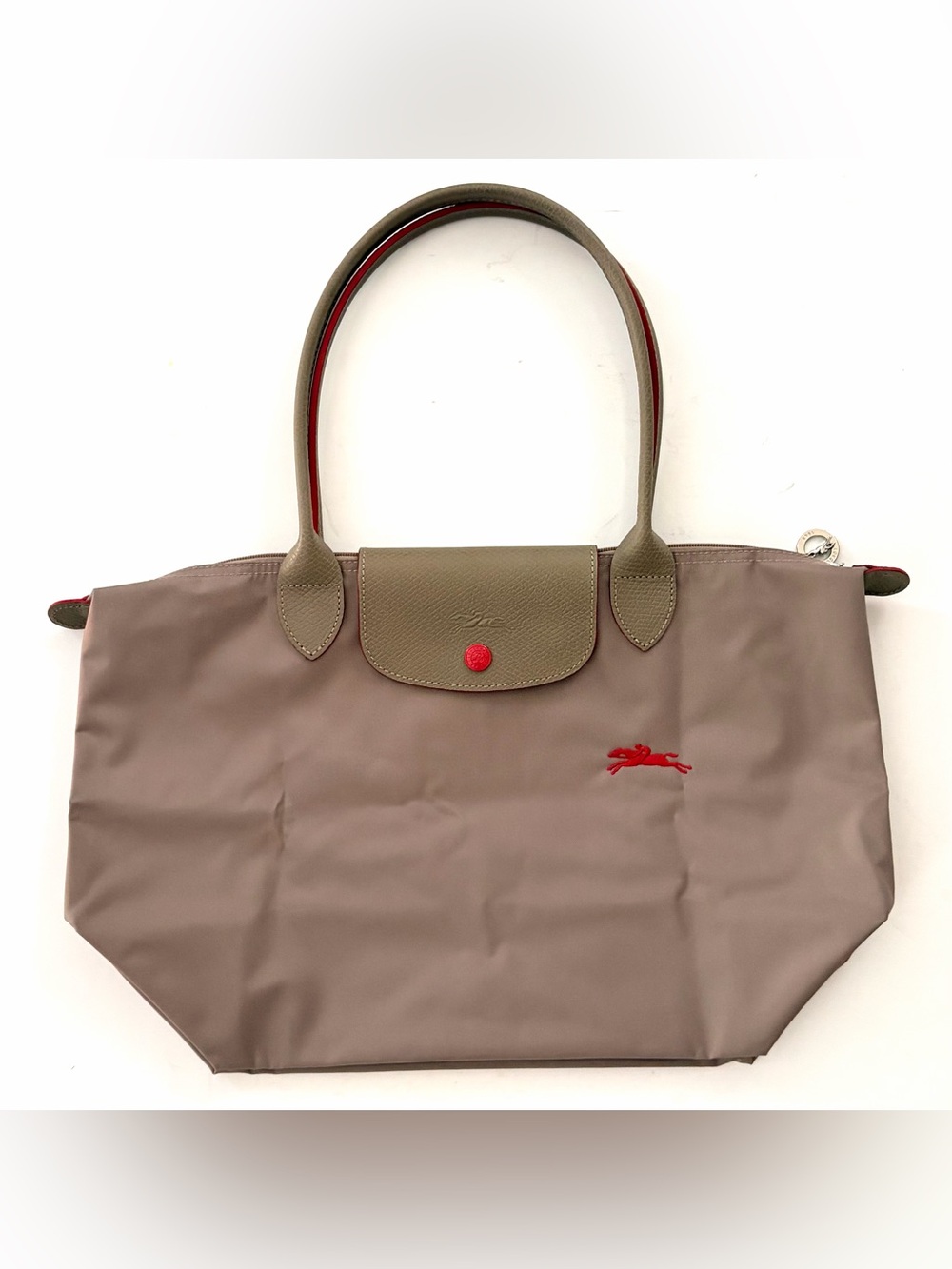 Longchamp Taupe Nylon Le Pliage Tote with Red Trim - Picture 3 of 17